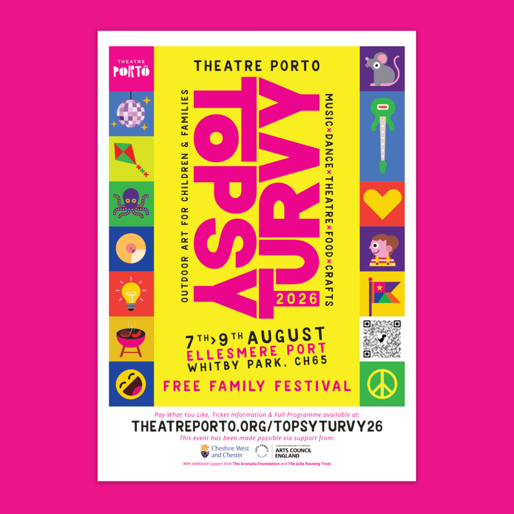 Topsy Turvy is back for 2026 – and this year, we’re beginning the countdown to something special. As Theatre Porto heads into our 40th birthday year, we’re inviting children, young people and families to join us in Whitby Park for a joyful, playful, Topsy Turvy celebration.
